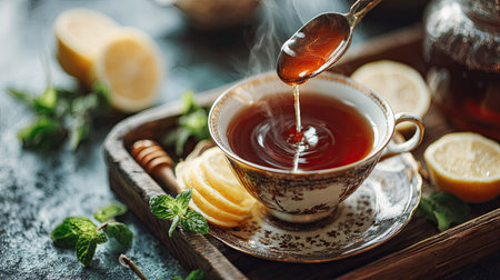 Cup of tea with mint, lemon and honey on dark backgroundの素材