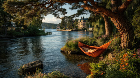 Hammock on the bank of a river with a castle in the backgroundの素材