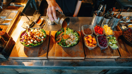 Salad on a wooden table in a restaurant. Catering serviceの素材