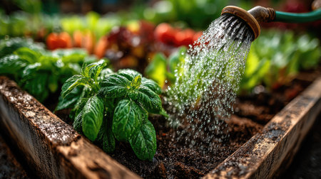 Watering fresh basil in a wooden box. Selective focus.の素材