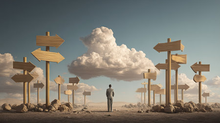 Conceptual image with wooden signpost and businessman looking at itの素材