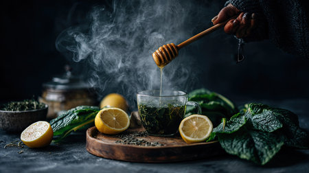 Cup of green tea with lemon and mint leaves on dark backgroundの素材