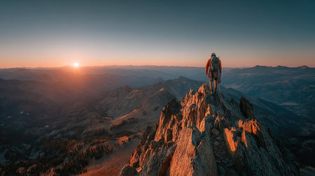 Hiker on the top of the mountain at sunset. Sport and active life conceptの素材