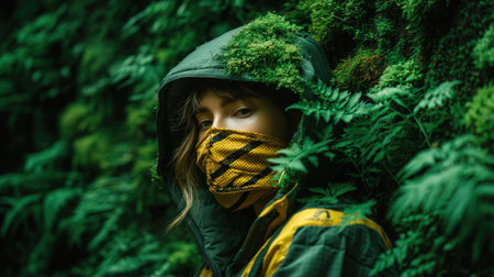Young woman in a protective mask and raincoat in the forest.の素材