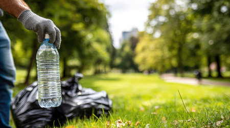Volunteer with a bottle of water in the park. Close-up.の素材