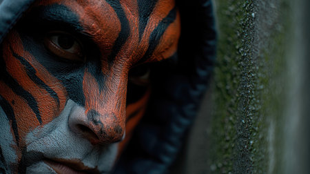 Close-up of a scary face of a scary monster in the streetの素材