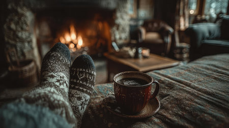 Cup of hot coffee with warm socks on the bed in a cozy roomの素材