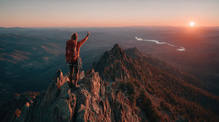 Hiker with backpack standing on top of rock and looking at sunsetの素材