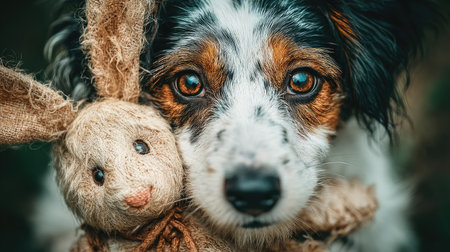 Portrait of a dog with a toy in the form of a rabbit.の素材