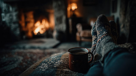Woman in woolen socks with a mug of hot drink on the background of the fireplaceの素材