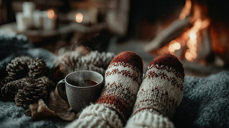 Feet in warm socks with cup of hot tea near fireplace at homeの素材