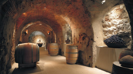 Wine barrels in the cellar of a winery in Italy.の素材