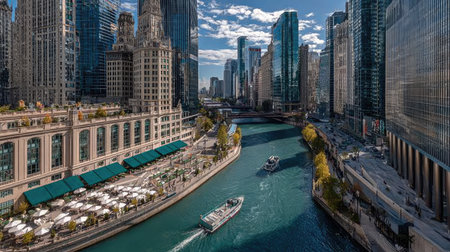 Chicago River and downtown skyscrapers.の素材