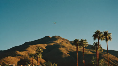 Landscape with palm trees and airplane flying in the blue sky.の素材