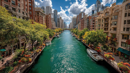 View of the famous Chicago River from a boat, Chicago, Illinois, USAの素材
