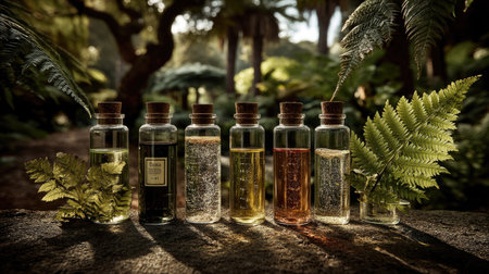 Bottles of essential oil with fern leaves in the background.の素材