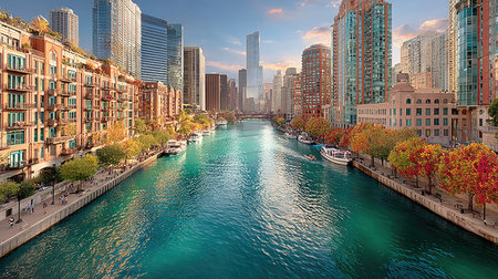 Chicago canal with boats and skyscrapers at sunset, USA.の素材