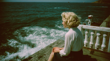 Blonde woman sitting on a wooden pier and looking at the seaの素材