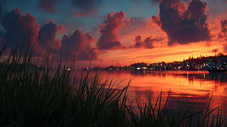 Sunset on the lake with reflection in the water. Panoramaの素材