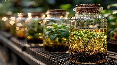 Plant seedlings in glass bottles on the shelf in the gardenの素材