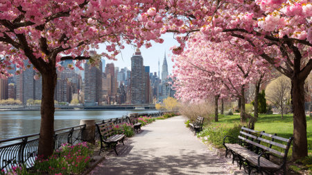 New York City Manhattan Central Park with Cherry Blossoms in Springの素材