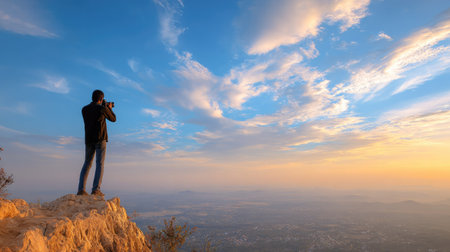 Photographer on top of a mountain with beautiful sunset in the backgroundの素材