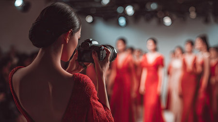 beautiful fashion model in red dress posing on runway in showroomの素材