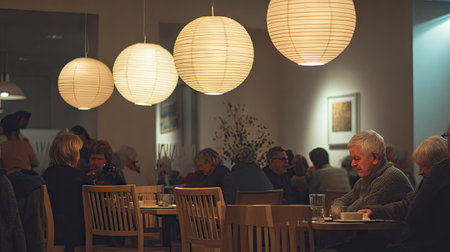 Elderly people sitting in cafe and drinking coffee. Selective focus.の素材