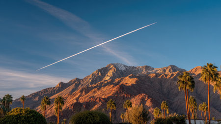 Aerial view of plane flying over mountains at sunset, California, USAの素材