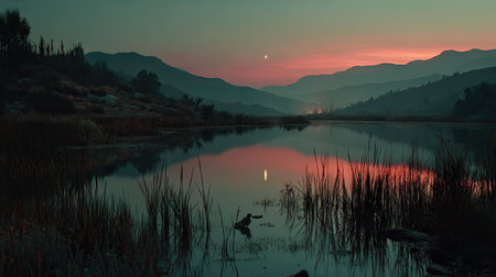 Sunset over the lake with reflection in the water and mountains in the backgroundの素材