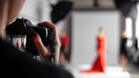 Photographer with professional camera taking photo of model in studio, blurred backgroundの素材