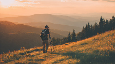 Photographer with camera and tripod on top of the mountain at sunsetの素材