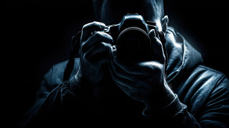 Photographer taking pictures with DSLR camera on a dark background.の素材