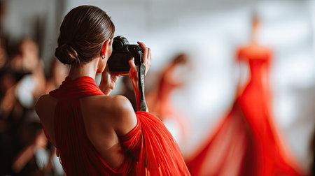 Rear view of young woman in red dress photographing fashion models in studioの素材