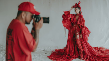 Photographer in red uniform taking photo of beautiful young woman with cameraの素材