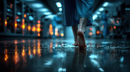 Feet of young woman in blue dress walking in corridor at nightの素材