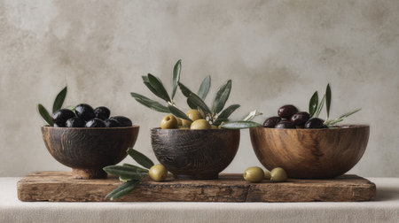 Olives in wooden bowls with olive branch and leaves on table.の素材