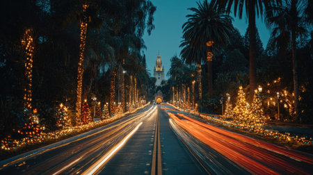 Christmas lights on the streets of Barcelona at night, Catalonia, Spainの素材
