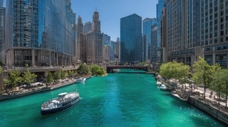 Chicago River and Chicago Skyline, Illinois, United States of Americaの素材