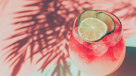 Strawberry lemonade with ice in glass - Vintage filter effectの素材