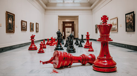 Red and black chess pieces on the floor in the National Museum of Ukraineの素材
