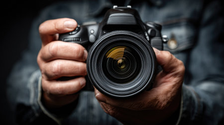 Man holding a camera in his hands. Close-up. Selective focus.の素材