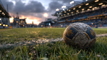 Soccer ball on the grass in front of a football stadium.の素材