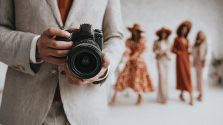 cropped view of photographer taking picture of women in dress on blurred backgroundの素材