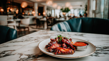 Fried chicken wings with sauce on a white plate in a restaurantの素材