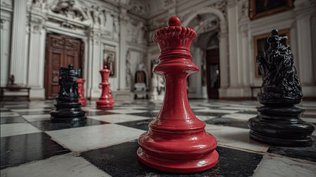 black and red chess pawns in the room of the royal palaceの素材