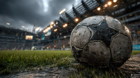 Soccer ball on the grass in front of the stadium at nightの素材
