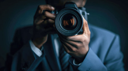 Photographer taking picture with digital camera on dark background, closeupの素材