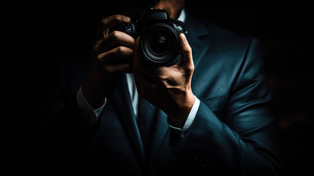 Professional photographer taking picture in dark studio. Man in suit holding camera.の素材