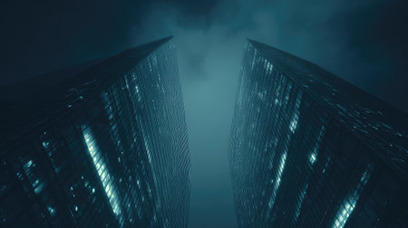 Modern skyscrapers in a foggy night. 3D renderingの素材